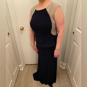 Elegant Navy Sleeveless Gown with Beaded Accents